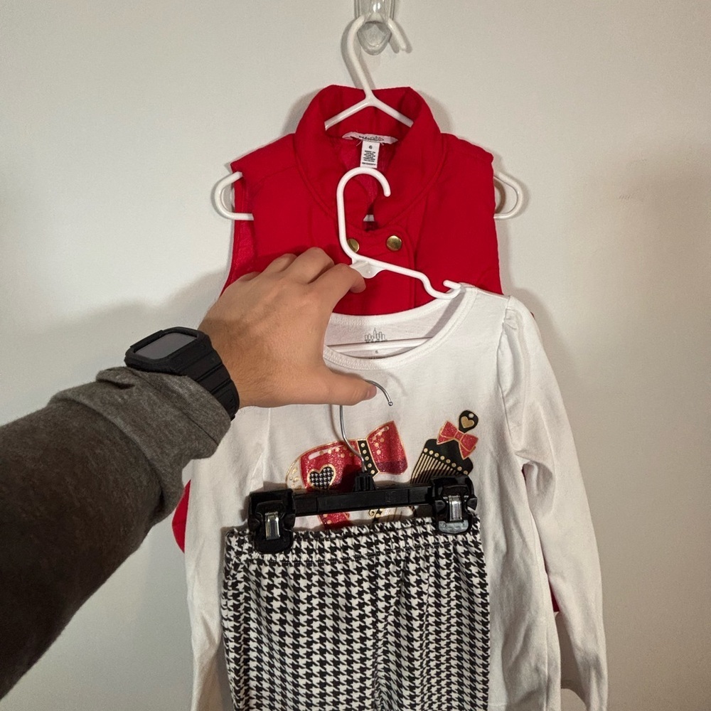 Kids Headquarters Girls 3pc Set Sz 6 Red Vest Glitter Top Houndstooth Leggings